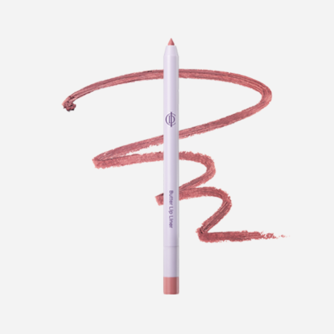 A white dual-ended lip liner pencil with a pinkish-rose shade, shown vertically with a matching swirled makeup smear behind it on a light gray background.