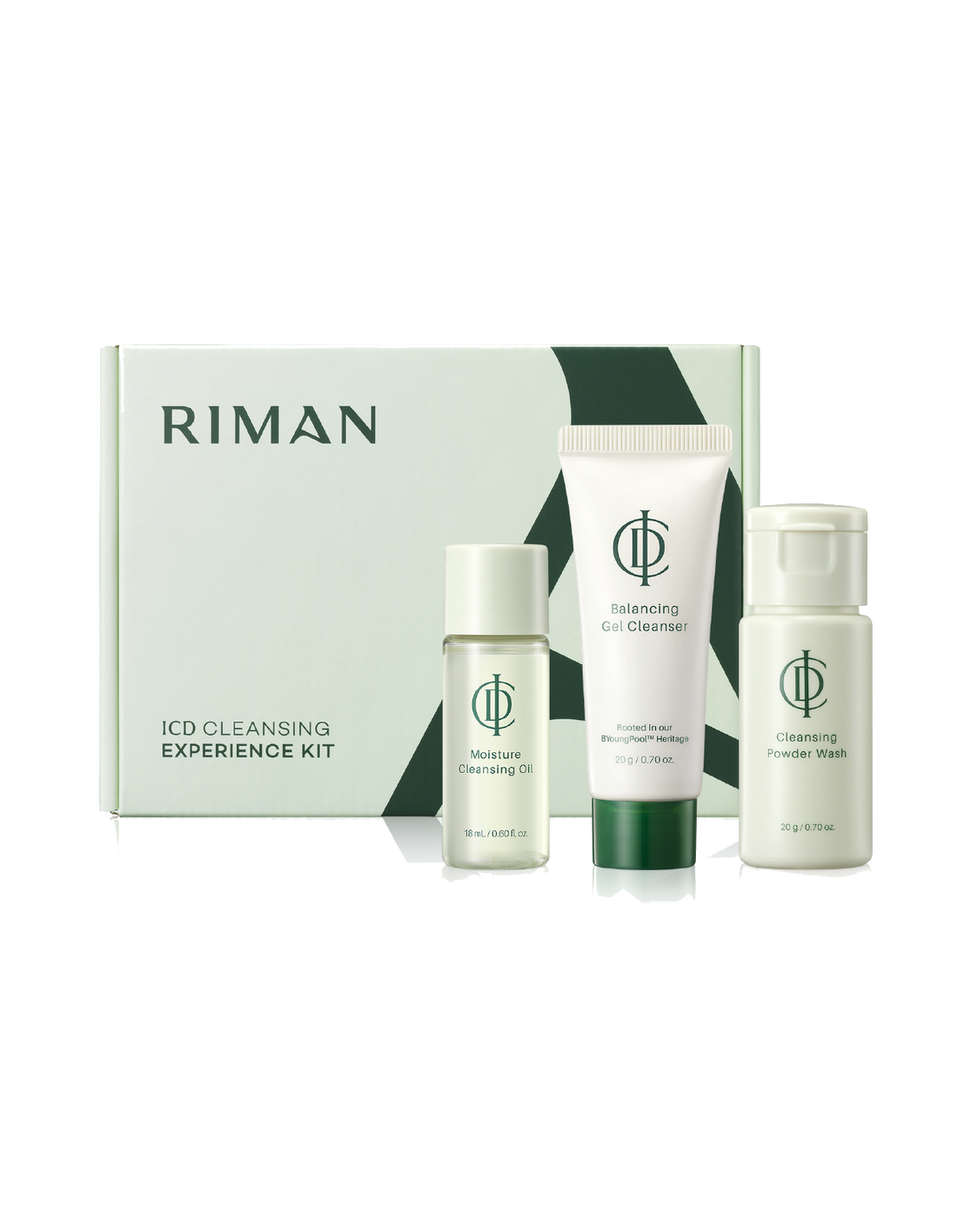Riman ICD Cleansing Experience Kit featuring a cleansing oil, cleansing col cleanser, and cleansing powder wash arranged in front of their matching light green and white packaging box on a white background.