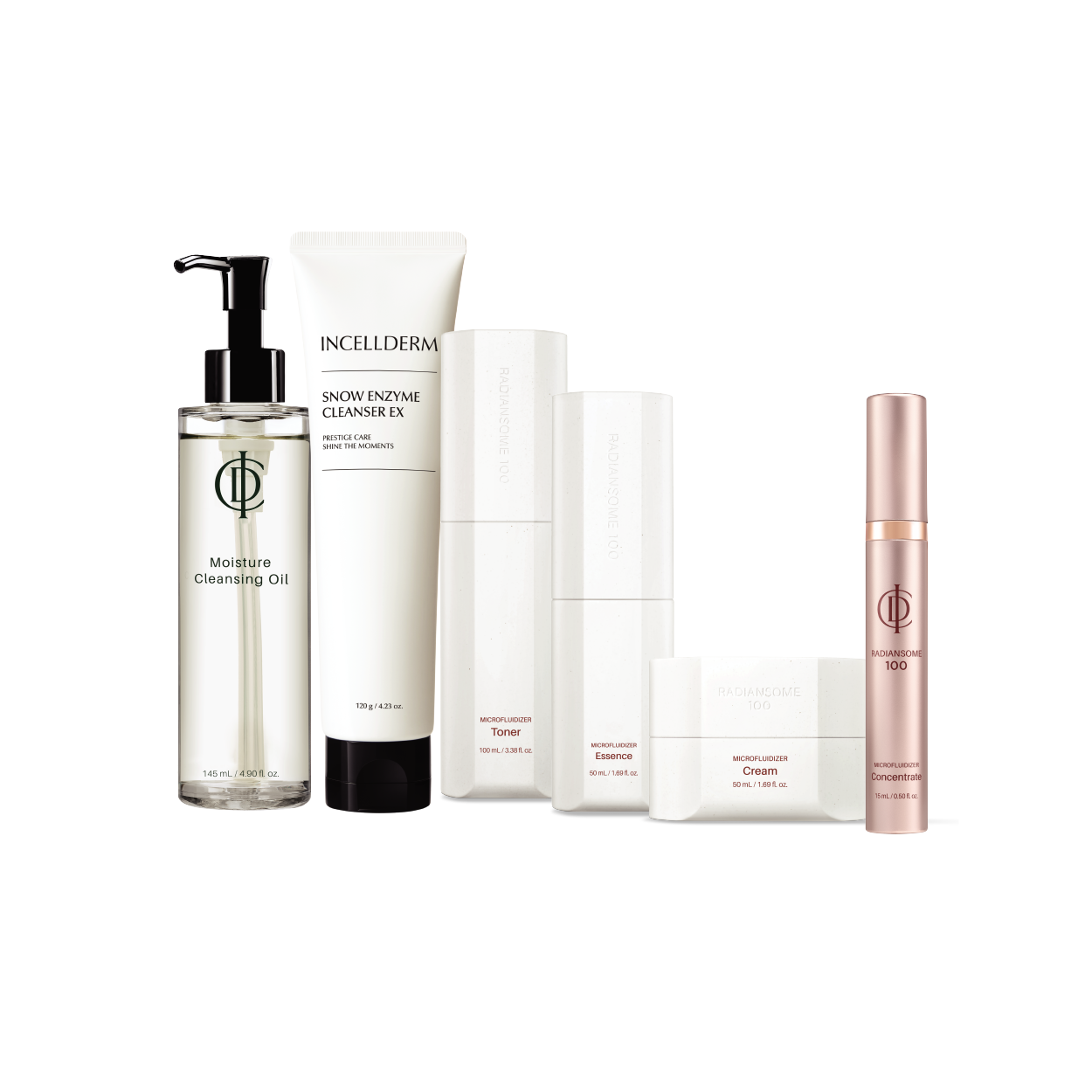 A six-piece skincare set from INCELDERM and RADIANSOME on a solid white background. The set includes a clear bottle of Moisture Cleansing Oil with a black pump, a white tube of Snow Enzyme Cleanser, a white bottle of Toner, a white bottle of Essence, a white jar of Cream, and a rose gold tube of Microfluidizer Concentrate.