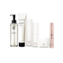 A six-piece skincare set from INCELDERM and RADIANSOME on a solid white background. The set includes a clear bottle of Moisture Cleansing Oil with a black pump, a white tube of Snow Enzyme Cleanser, a white bottle of Toner, a white bottle of Essence, a white jar of Cream, and a rose gold tube of Microfluidizer Concentrate.