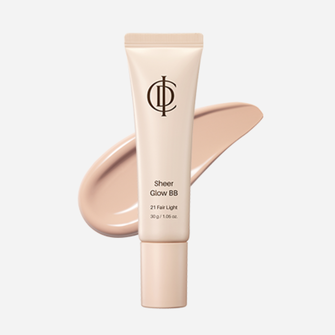 A squeeze tube of ICD Sheer Glow BB in shade 21 Fair Light, shown with a matching liquid makeup swatch behind it on a light gray background.