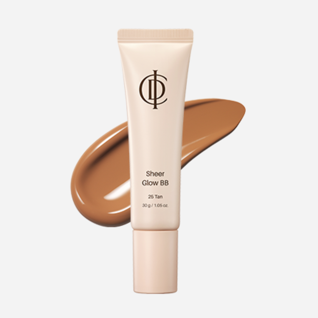 A squeeze tube of ICD Sheer Glow BB in shade 25 Tan, shown with a matching liquid makeup swatch behind it on a light gray background.