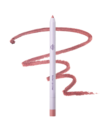 A lip liner pencil with a white barrel and a dusty rose pink tip, shown vertically with a matching dusty rose swatch scribble behind it on a white background.