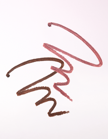 Two cosmetic swatches of a lip liner, one in a warm medium brown and the other in a dusty rose pink, drawn in a zigzag pattern on a plain white background.