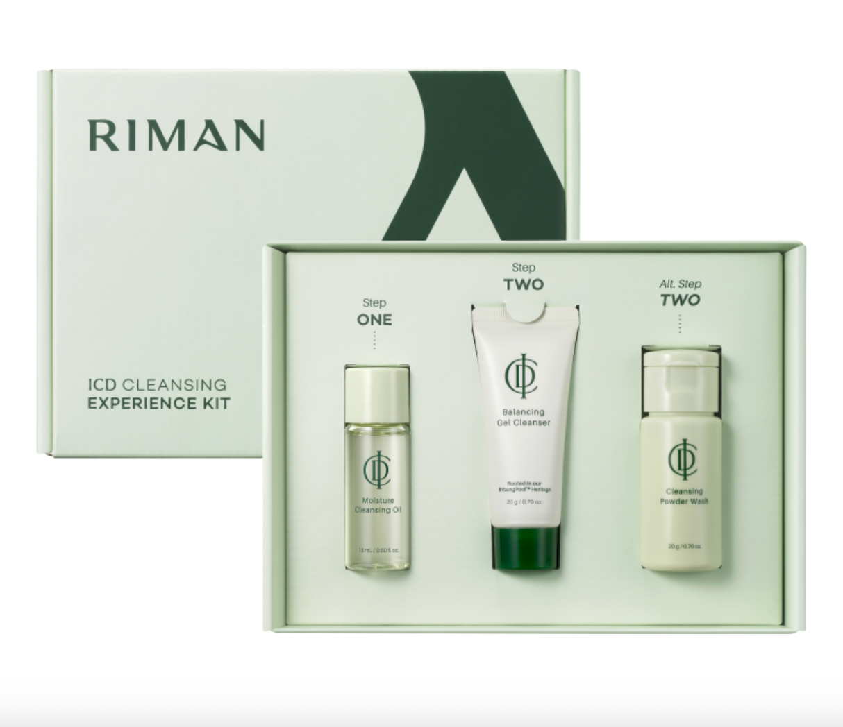 Riman ICD Cleansing Experience Kit showing three skincare bottles and a tube inside an open pale green box, with the matching closed box behind it on a white background.