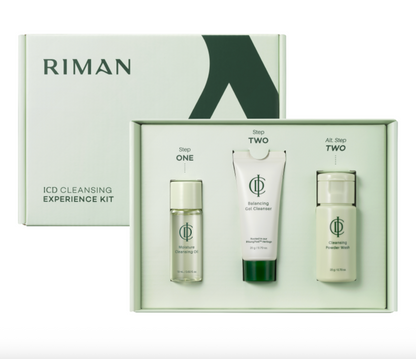 Riman ICD Cleansing Experience Kit showing three skincare bottles and a tube inside an open pale green box, with the matching closed box behind it on a white background.