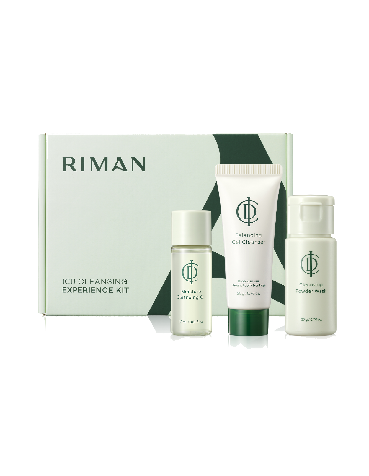Riman ICD Cleansing Experience Kit featuring a cleansing oil, cleansing col cleanser, and cleansing powder wash arranged in front of their matching light green and white packaging box on a white background.