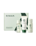 Riman ICD Cleansing Experience Kit featuring a cleansing oil, cleansing col cleanser, and cleansing powder wash arranged in front of their matching light green and white packaging box on a white background.