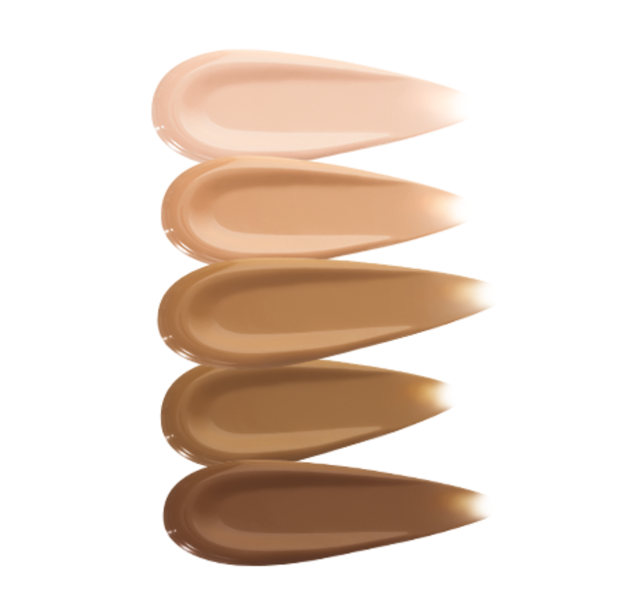Five glossy teardrop-shaped foundation swatches arranged vertically from lightest to darkest, showcasing a range of skin tone shades from fair porcelain to deep brown on a white background.