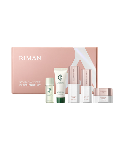 Riman ICD Radiance Experience Kit featuring a pink gift box and five cosmetic travel-size items including serum, toner, cream, and a jar, arranged on a white background.